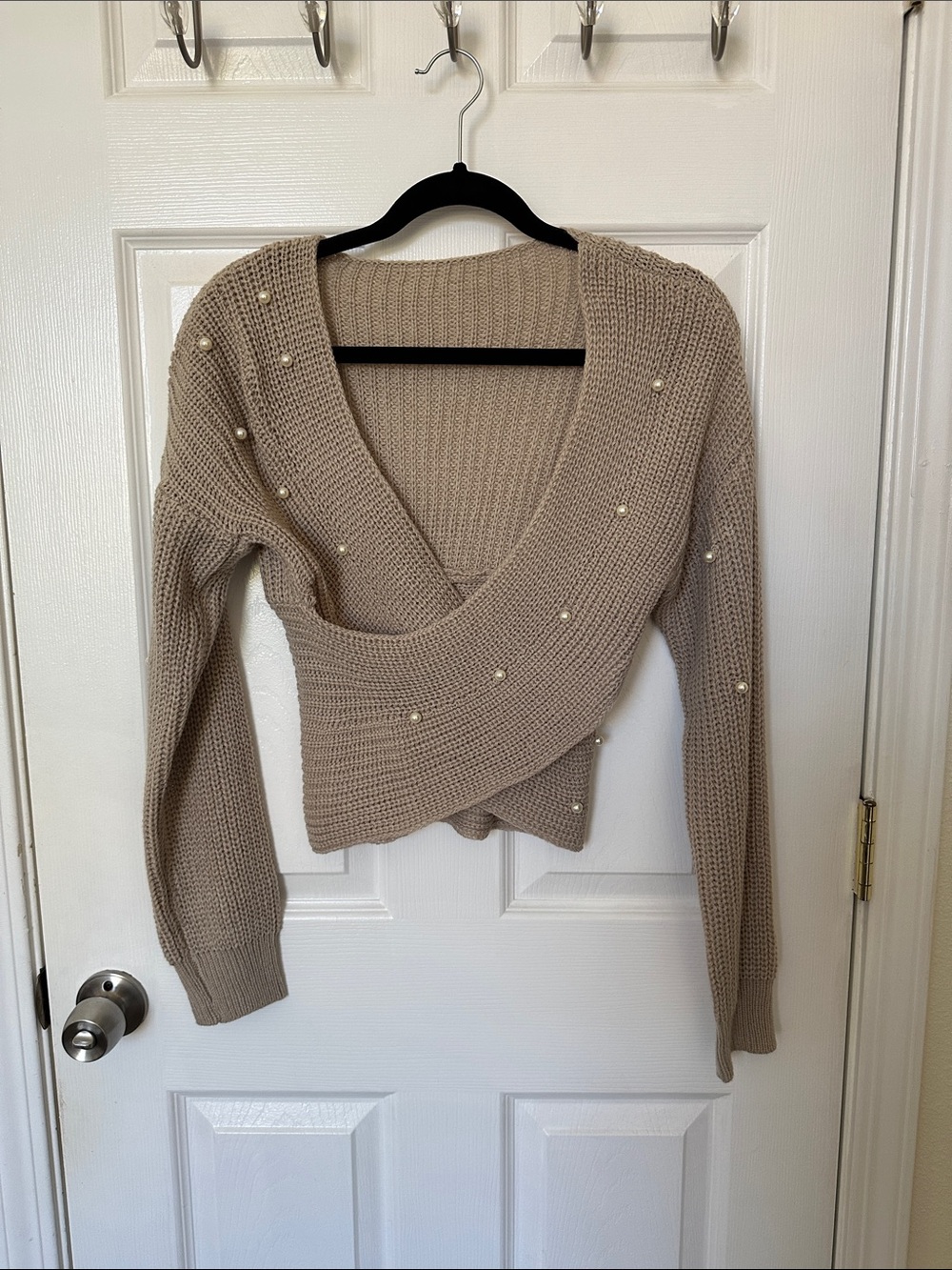 Beaded Wrap V-Neck Sweater - Taupe